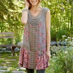 Free People Red and Gray Embellished Ruffled Mini Sundress